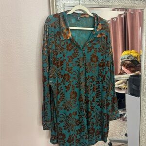 Floral Teal and Brown Button-Up Blouse